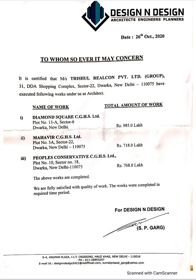 Design N Design architect work reference dated 26 October 2020 listing completed Trishul Realcon works at Diamond Square CGHS, Mahavir CGHS and Peoples Conservative CGHS in Dwarka