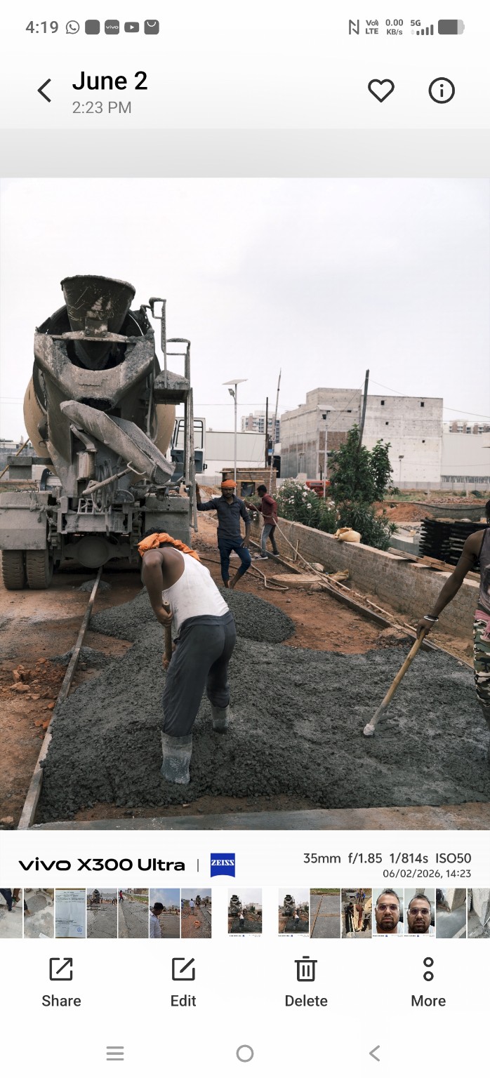 Workers placing M25 concrete for the Faridabad road project